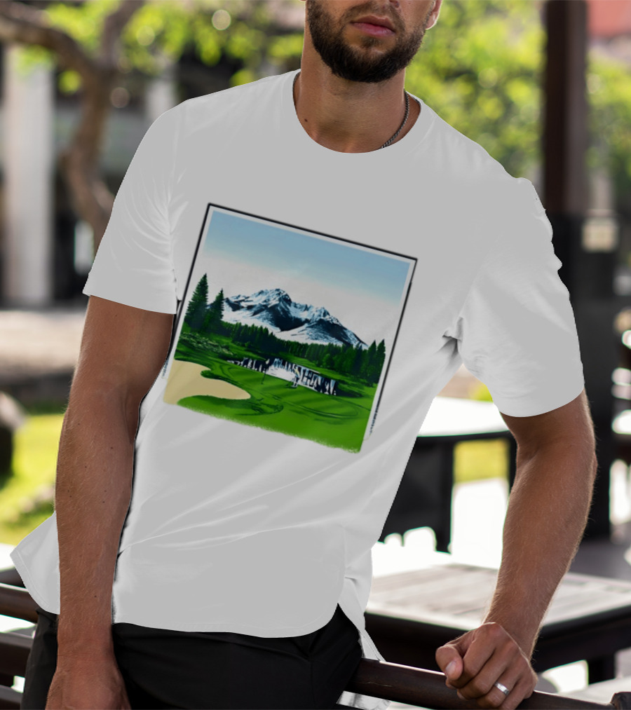 Golf Course Mountain Landscape Scenic Nature Forest Greenery Snowcapped Peaks T-Shirt