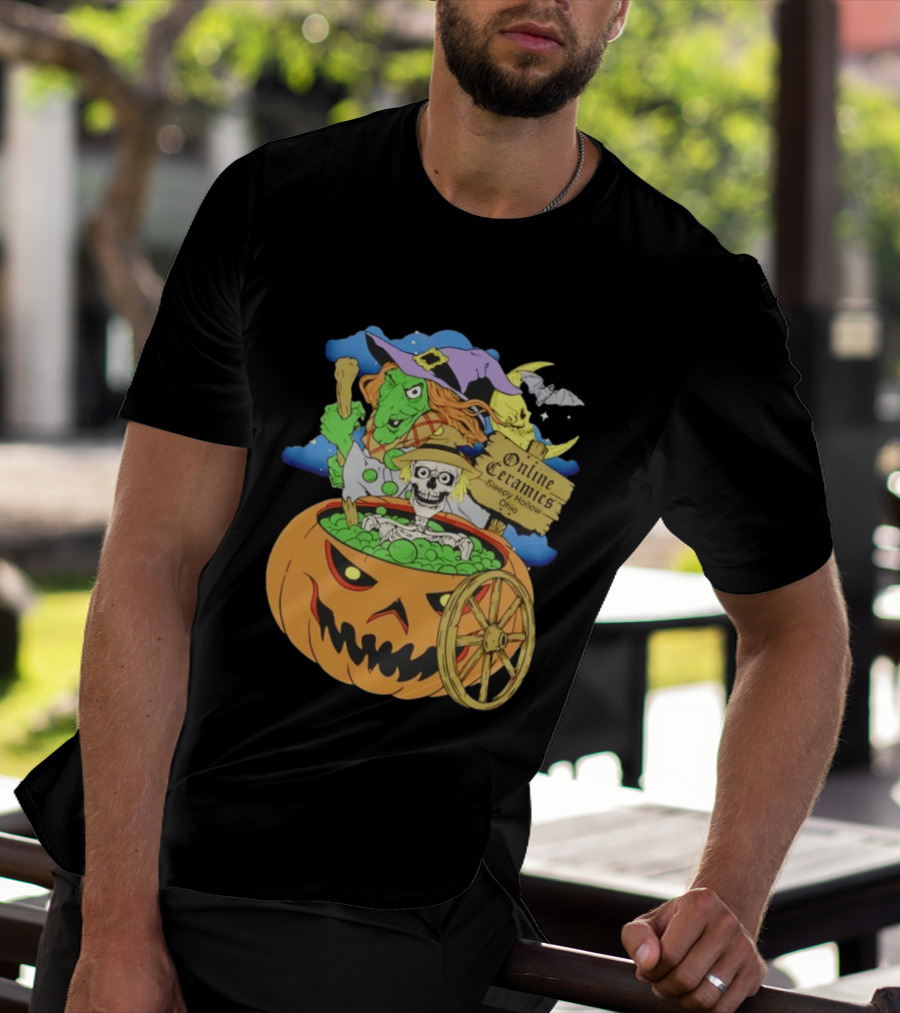 Online Ceramics Sleepy Hollow Ohio Witch Skeleton Pumpkin Cauldron Scene T-Shirt