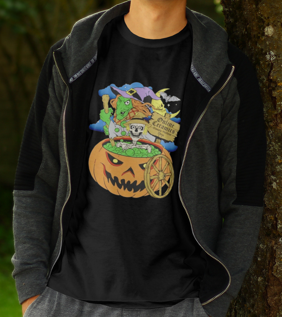 Online Ceramics Sleepy Hollow Ohio Witch Skeleton Pumpkin Cauldron Scene T-Shirt