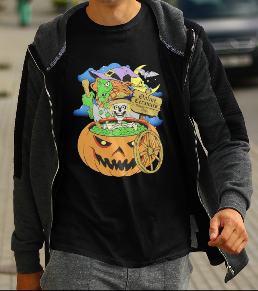 Online Ceramics Sleepy Hollow Ohio Witch Skeleton Pumpkin Cauldron Scene T-Shirt