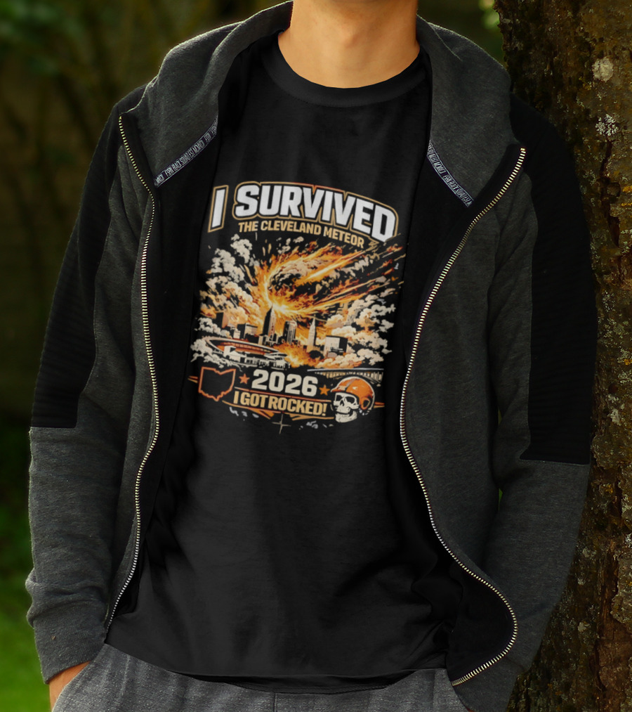 I Survived The Cleveland Meteor 2026 I Got Rocked Explosion Skull Helmet City Skyline T-Shirt