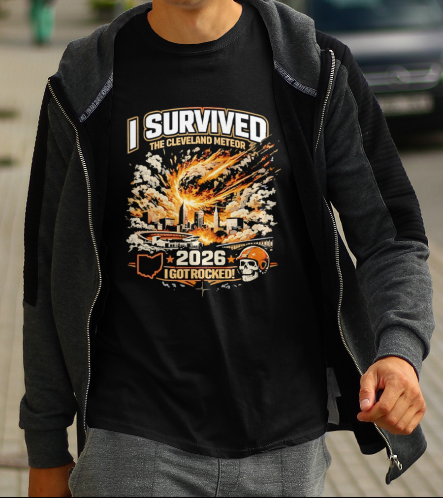 I Survived The Cleveland Meteor 2026 I Got Rocked Explosion Skull Helmet City Skyline T-Shirt