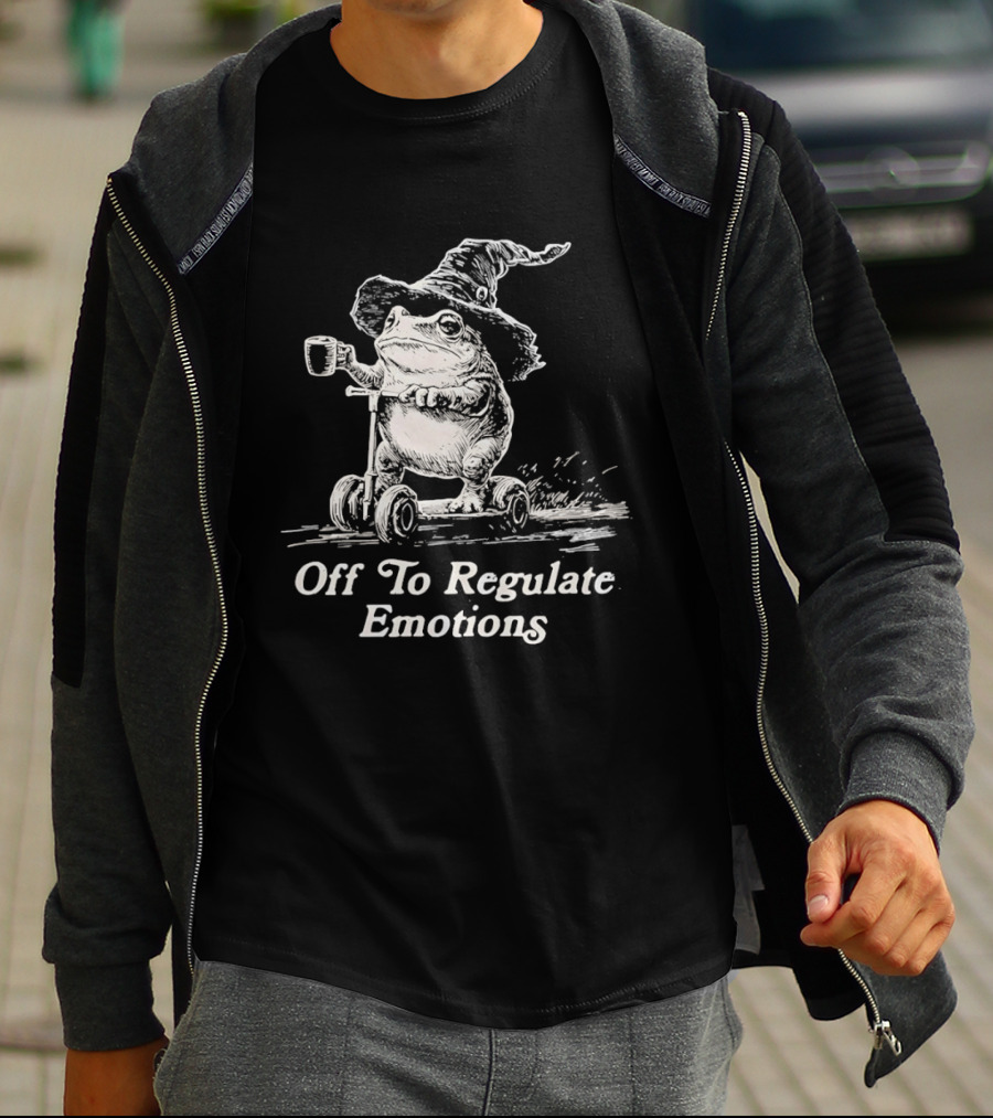 Wizard Frog Riding Scooter Off To Regulate Emotions T-Shirt