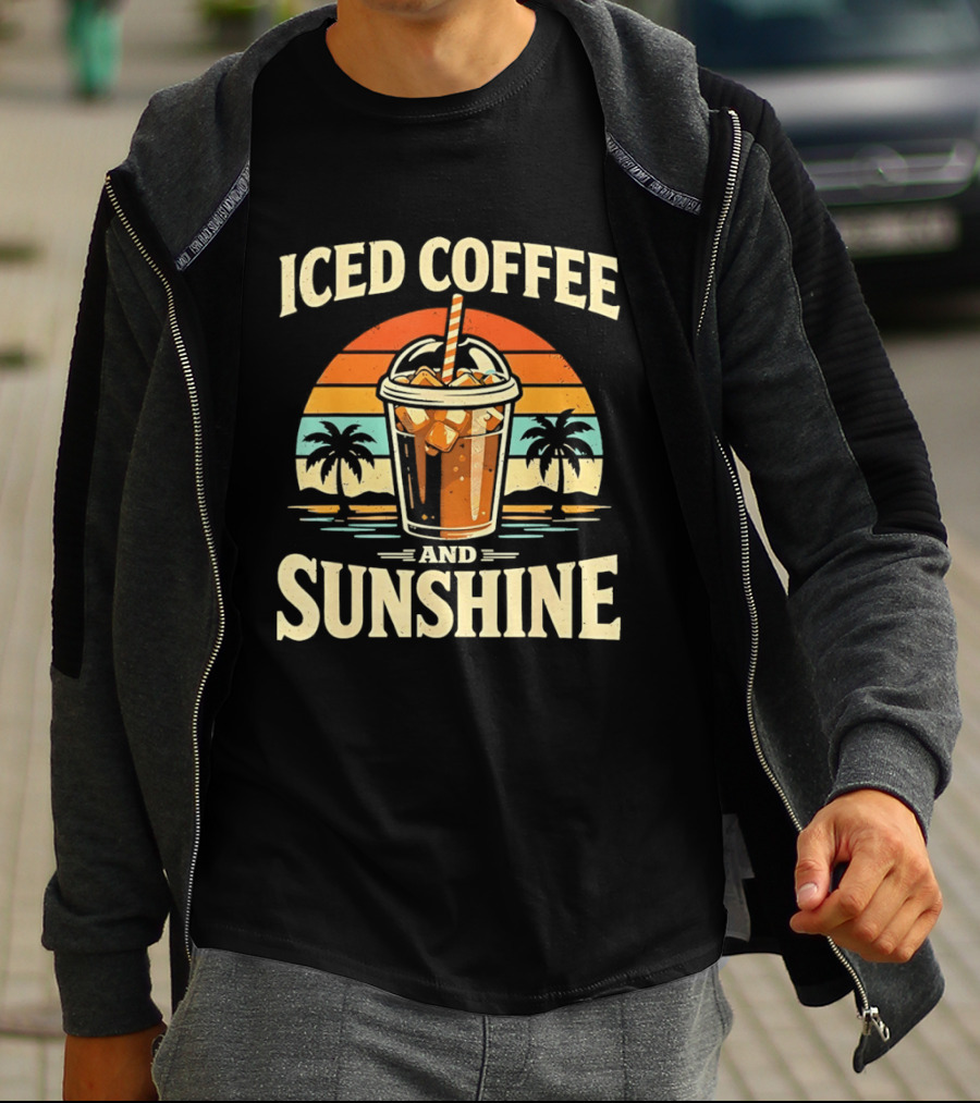 Iced Coffee And Sunshine Beach Vibes With Palm Trees And Sunset T-Shirt