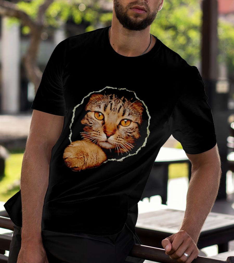 Tabby Cat Golden Eyes Peeking Through Handsome Brown T-Shirt