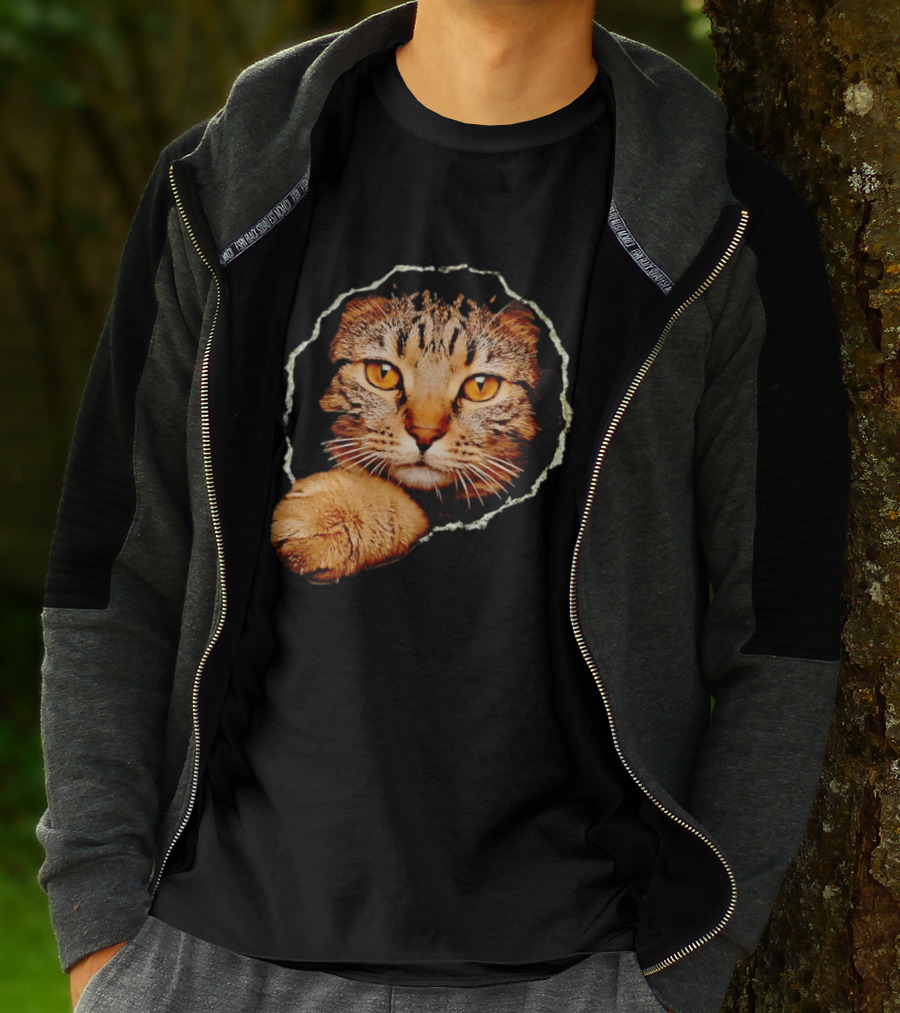 Tabby Cat Golden Eyes Peeking Through Handsome Brown T-Shirt