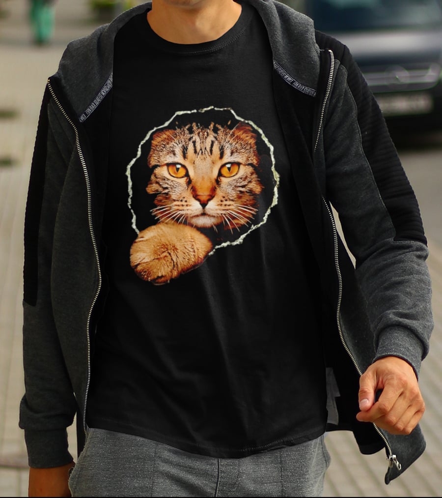 Tabby Cat Golden Eyes Peeking Through Handsome Brown T-Shirt