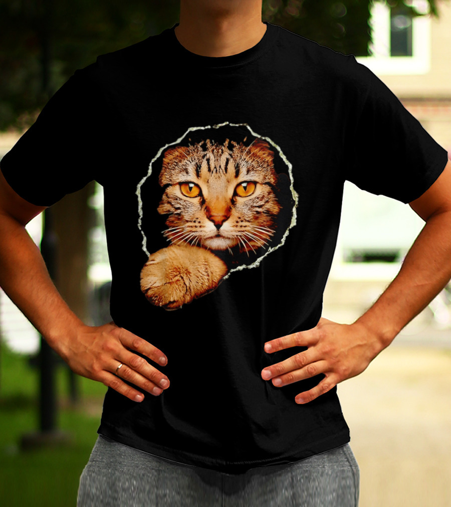 Tabby Cat Golden Eyes Peeking Through Handsome Brown T-Shirt