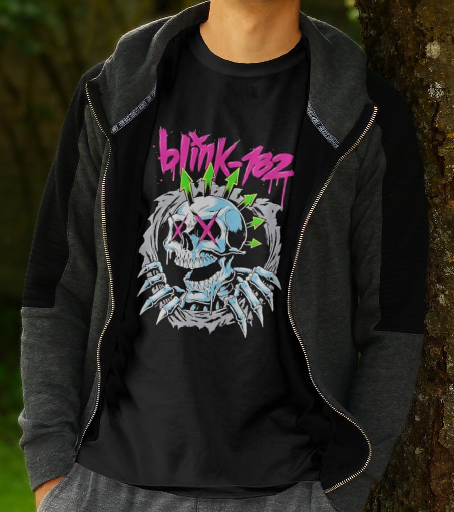Blink 182 Pink Script With Neon Green Arrows And Punk Skull T-Shirt