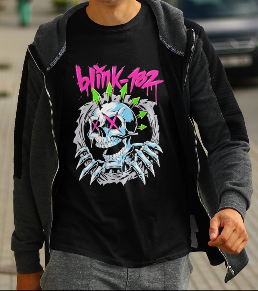 Blink 182 Pink Script With Neon Green Arrows And Punk Skull T-Shirt