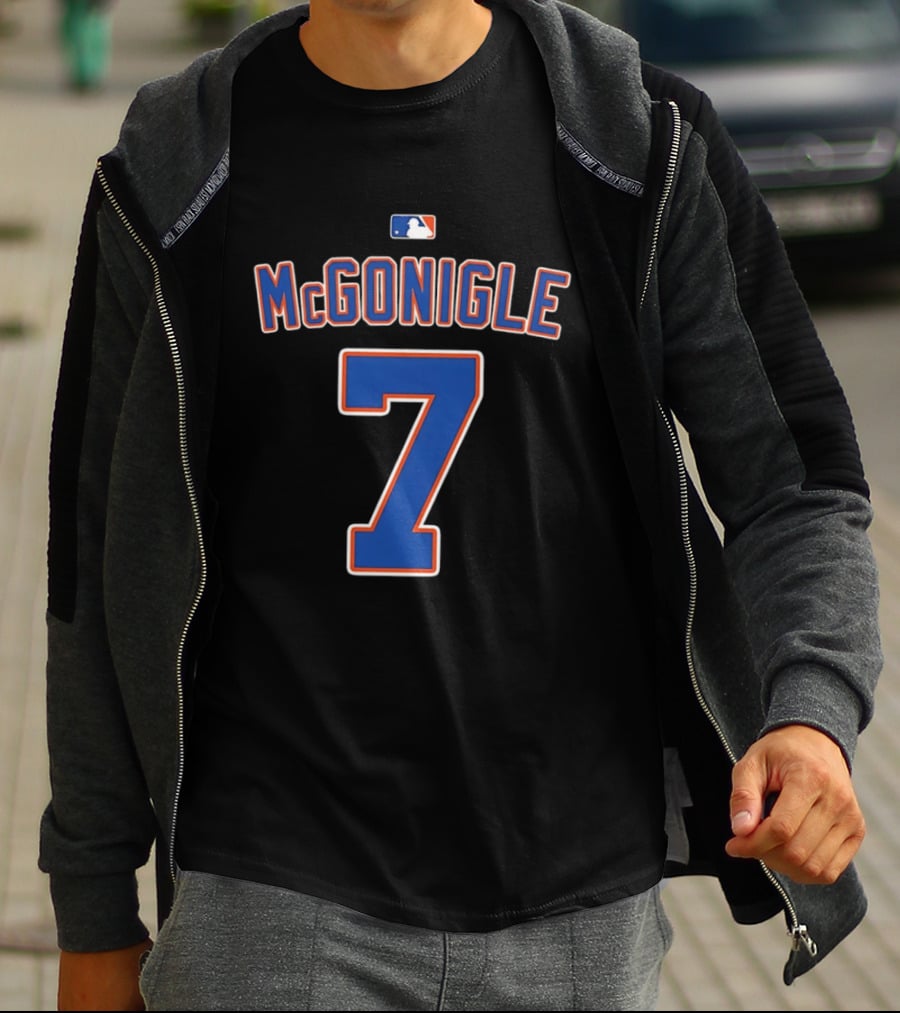 MLB McGonigle 7 Major League Baseball Logo Blue Red White T-Shirt