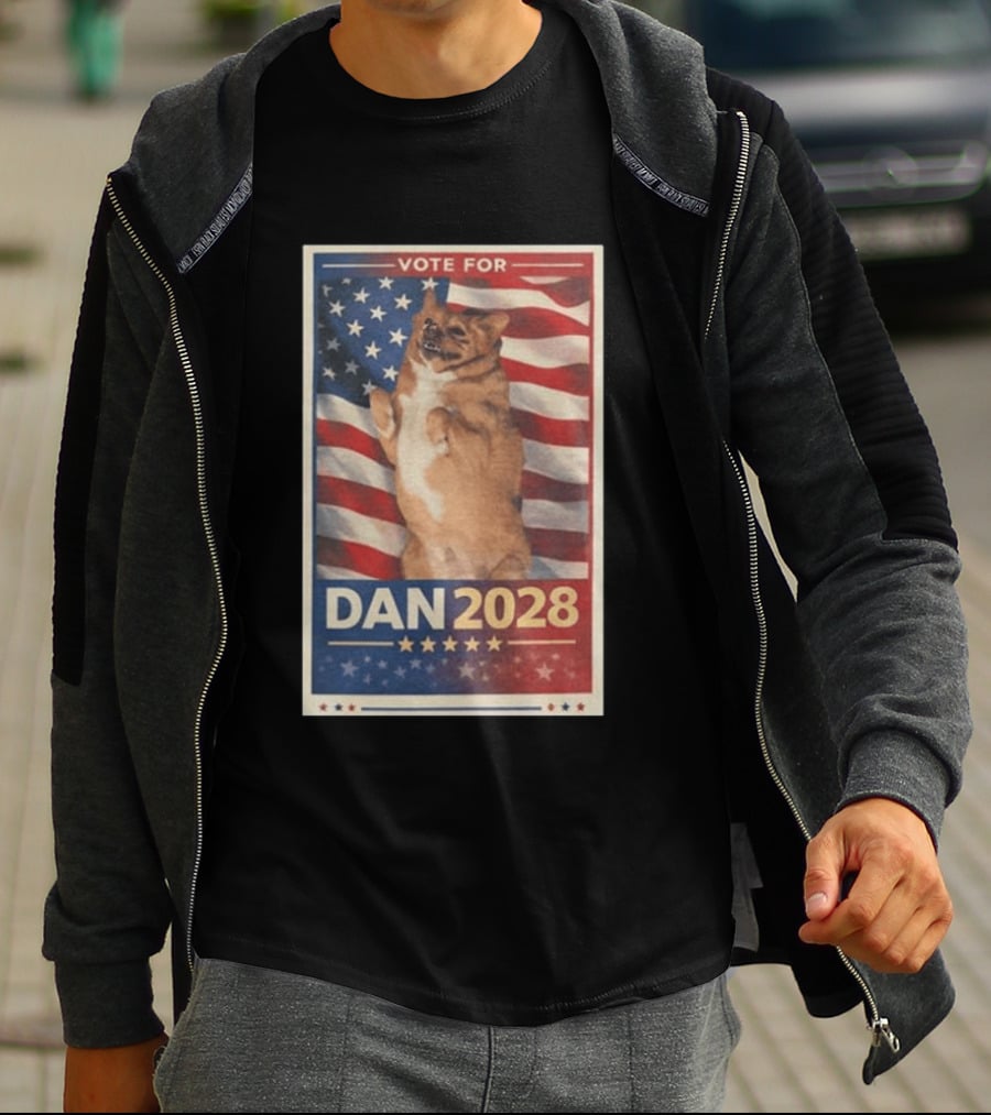 Vote For Dan 2028 American Flag Dog Stars Stripes T-Shirt