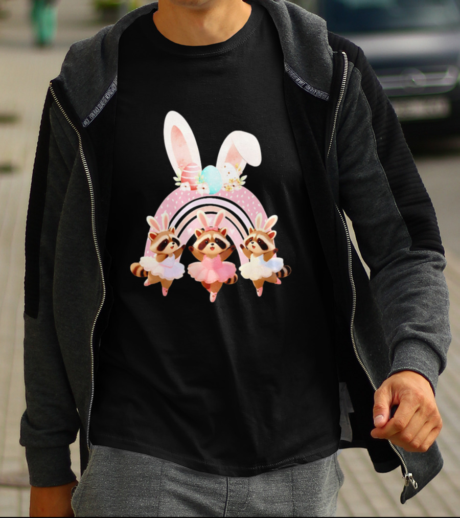 Ballet Dancer Ballerina Raccoons With Easter Bunny Ears And Eggs T-Shirt