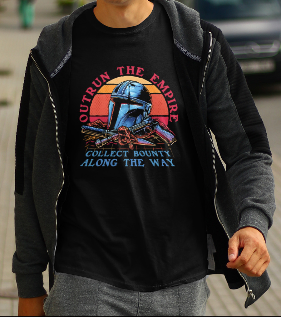 Outrun The Empire Collect Bounty Along The Way Din Djarin Helmet And Blasters T-Shirt