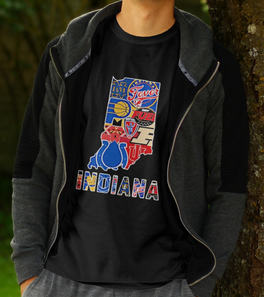 Indiana Sports Team Logos Map Featuring Colts Pacers Fever Hoosiers Fighting Irish Fuel T-Shirt