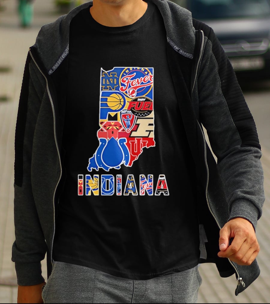 Indiana Sports Team Logos Map Featuring Colts Pacers Fever Hoosiers Fighting Irish Fuel T-Shirt