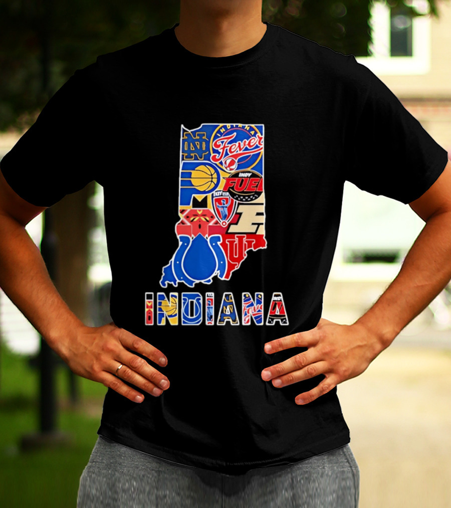 Indiana Sports Team Logos Map Featuring Colts Pacers Fever Hoosiers Fighting Irish Fuel T-Shirt