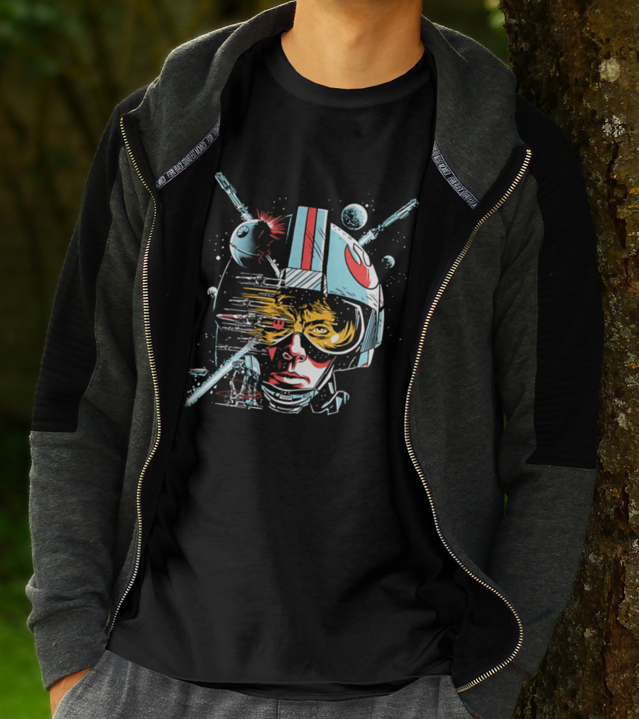 Luke Skywalker Helmet With Blaster And Planets T-Shirt
