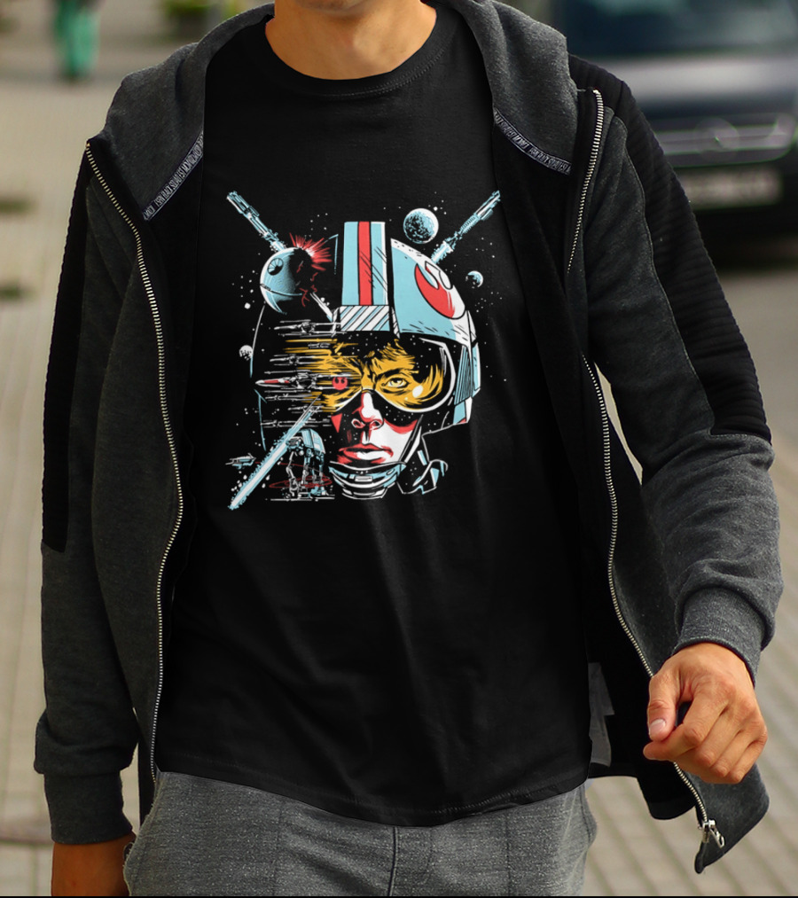 Luke Skywalker Helmet With Blaster And Planets T-Shirt