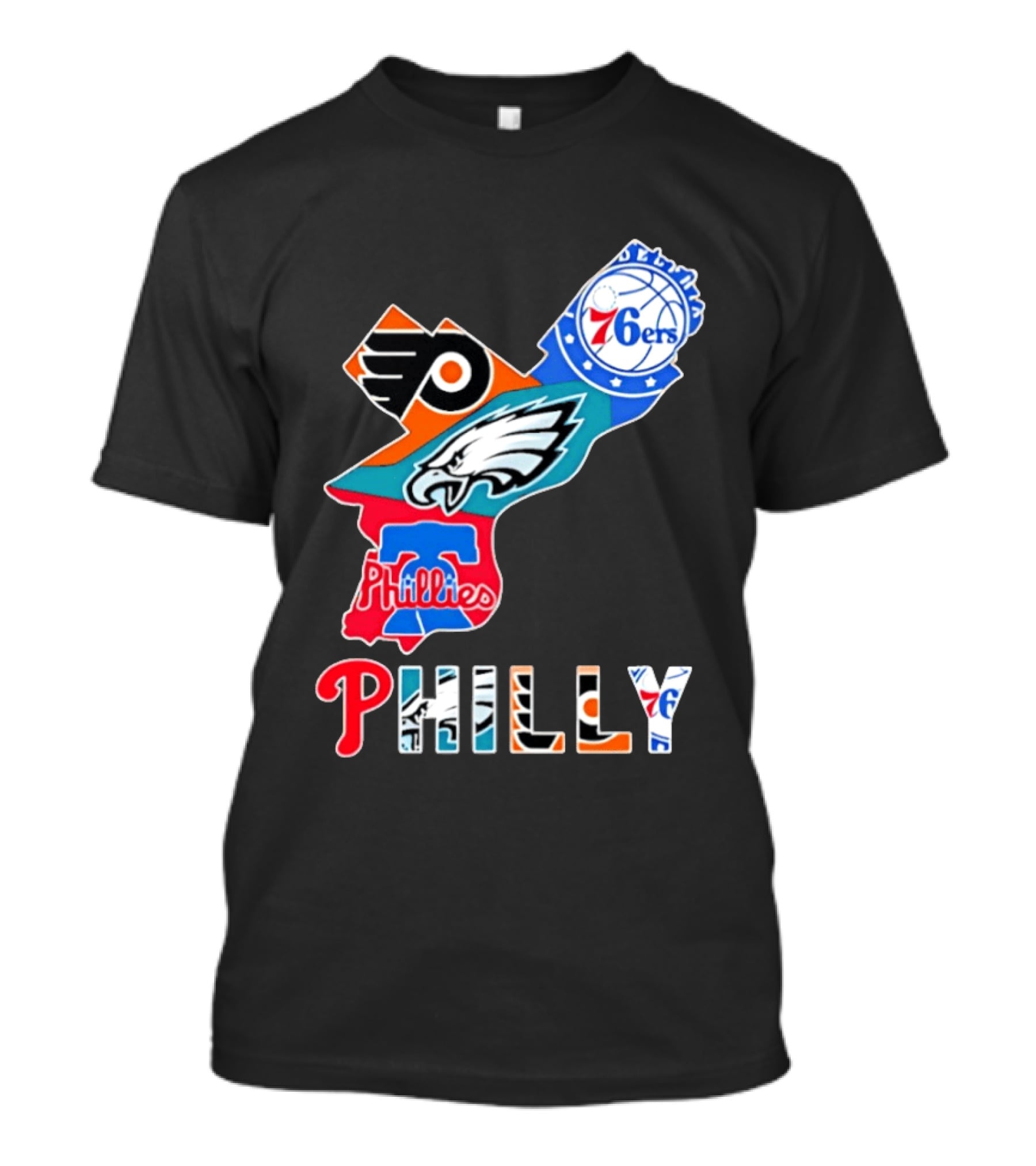 Philadelphia Flyers 76ers Eagles Phillies PHILLY Sports Logos State Map T-Shirt