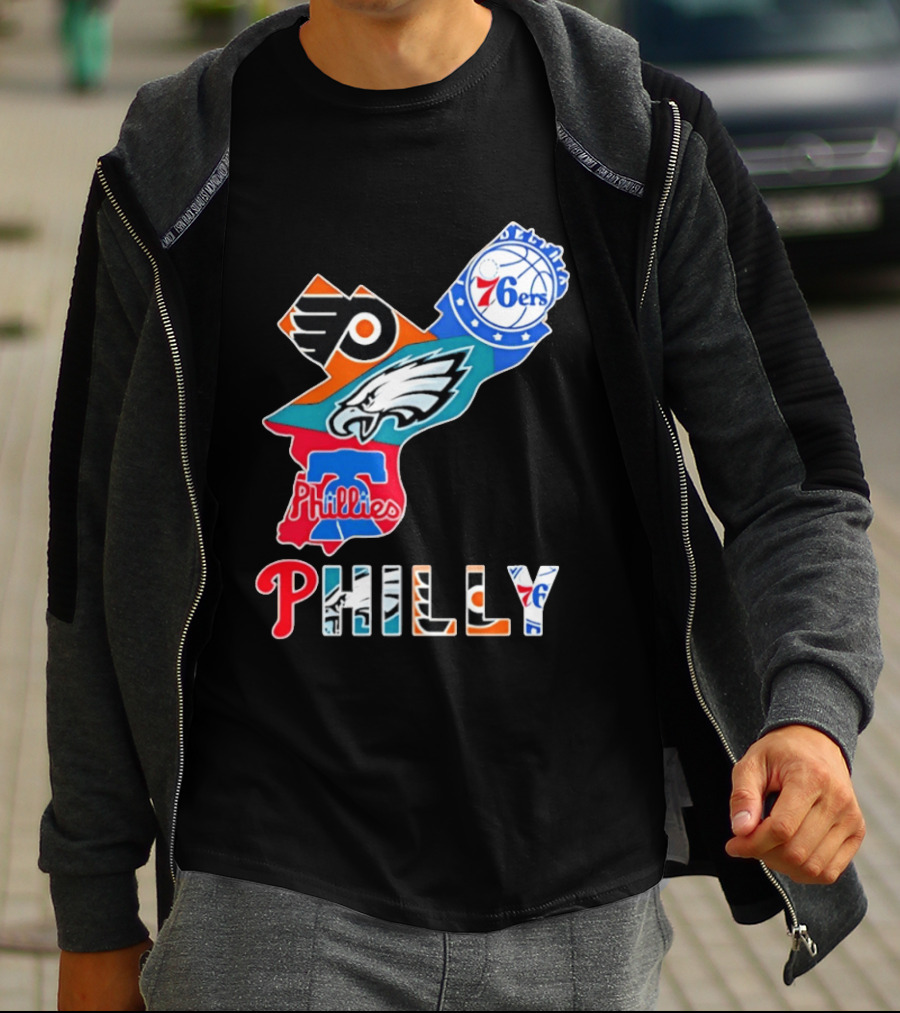 Philadelphia Flyers 76ers Eagles Phillies PHILLY Sports Logos State Map T-Shirt