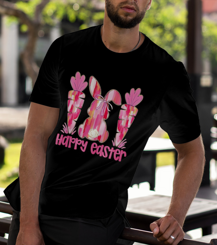 Pink Brushstroke Bunny Carrot Happy Easter T-Shirt