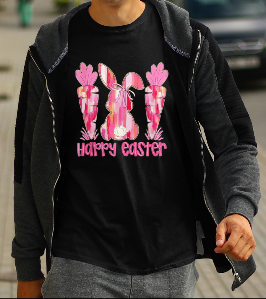 Pink Brushstroke Bunny Carrot Happy Easter T-Shirt