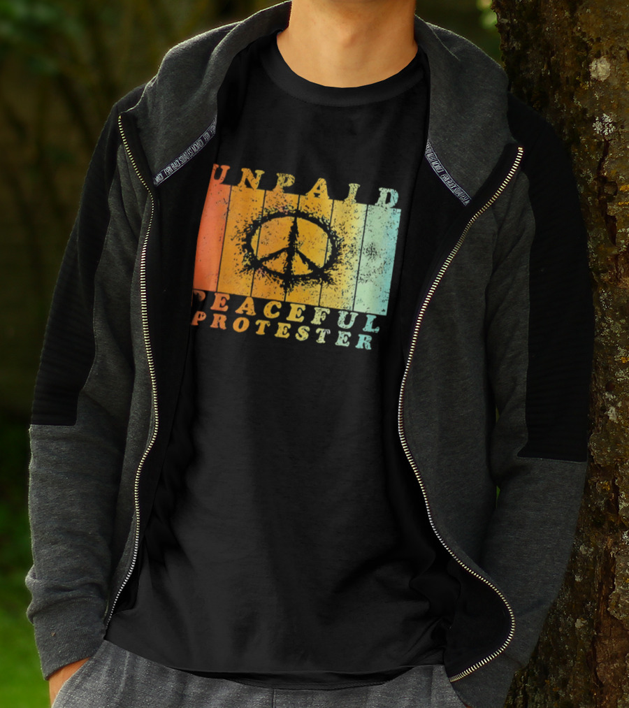Unpaid Peaceful Protester Identity With Vintage Peace Symbol Rainbow Stripes T-Shirt