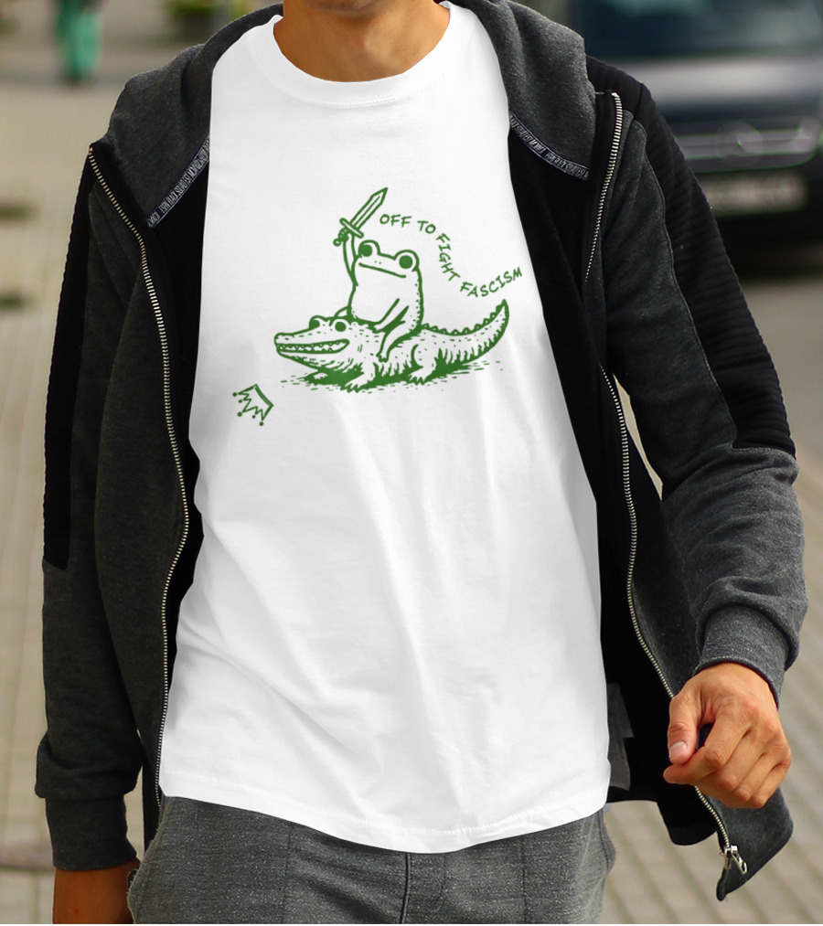 Off To Fight Fascism Unhinged Frog Riding Alligator Sword Meme T-Shirt