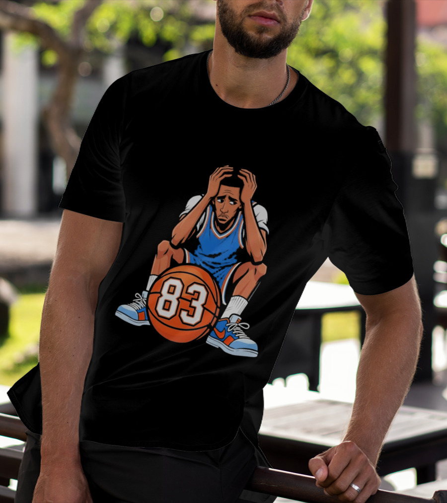 Basketball Player Caricature 83 Sitting Blue Orange Jersey Sneakers T-Shirt