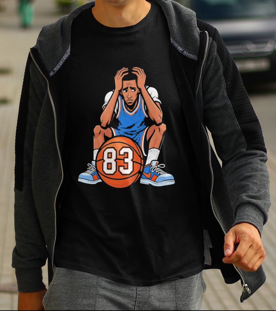Basketball Player Caricature 83 Sitting Blue Orange Jersey Sneakers T-Shirt