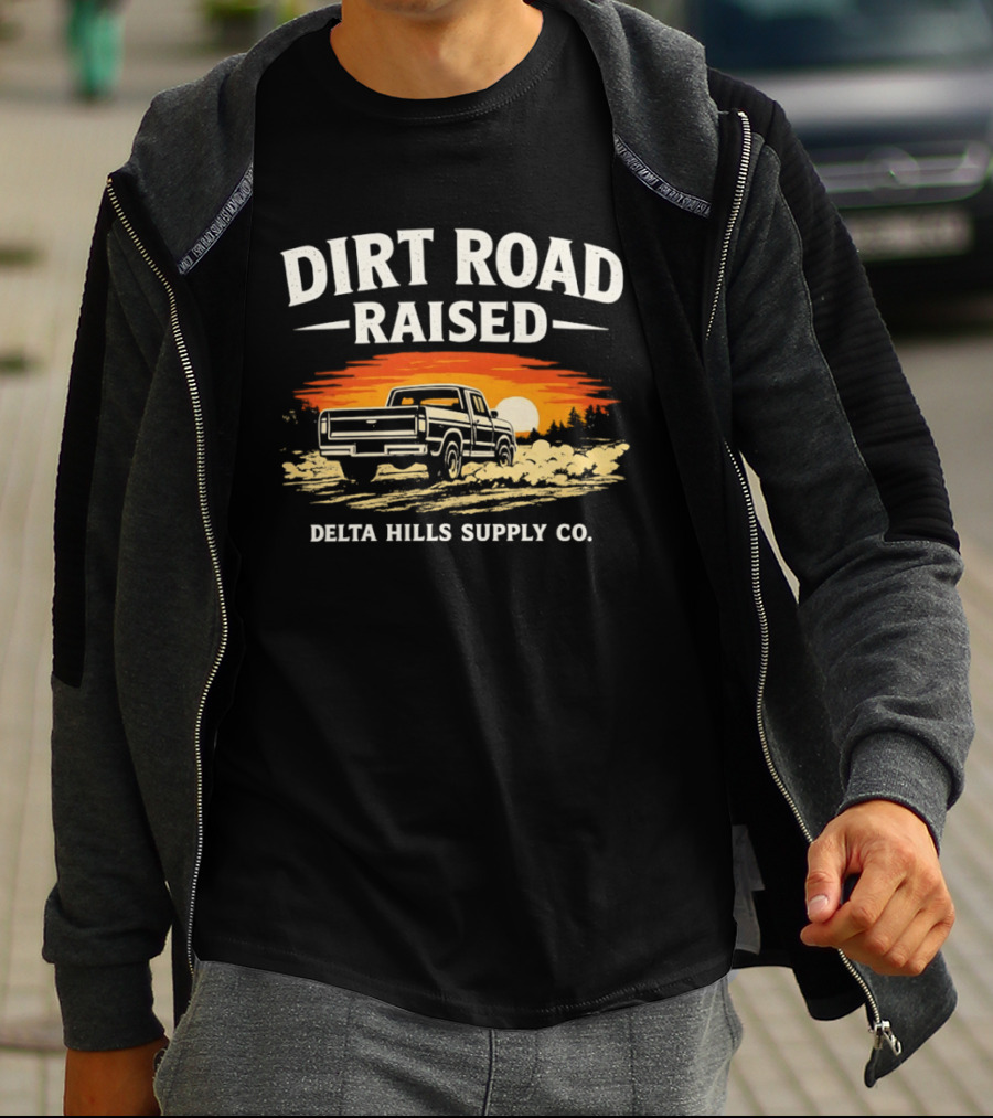 Dirt Road Raised Delta Hills Supply Co Vintage Pick Up Truck Sunset T-Shirt