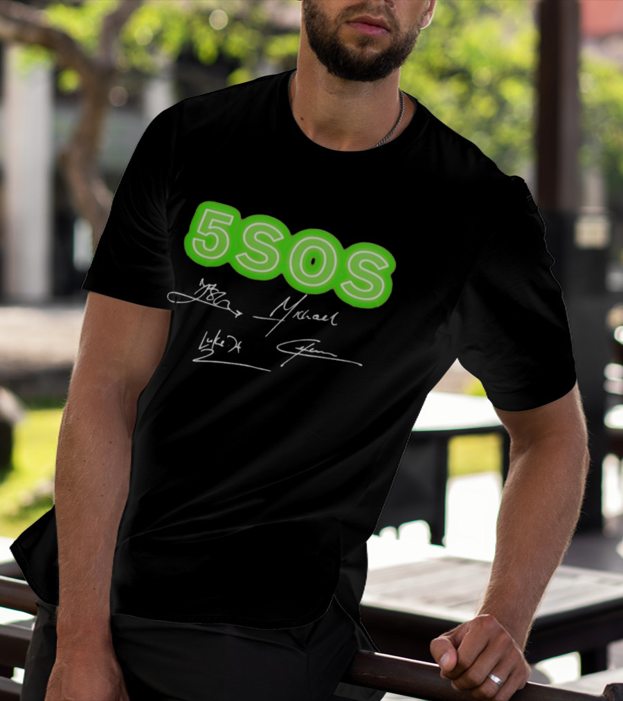 5SOS Luke Hemmings Calum Hood Ashton Irwin Michael Clifford Signatures Neon Green T-Shirt