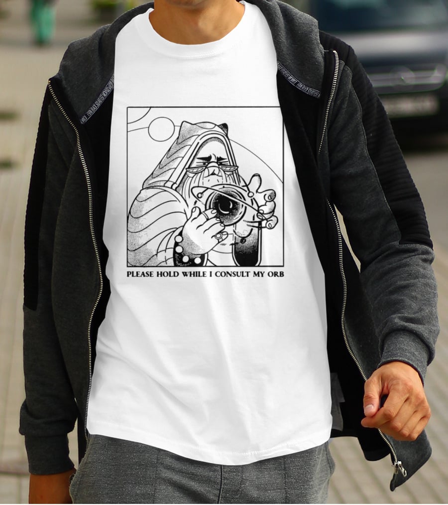 Please Hold While I Consult My Orb Wizard Illustration Fantasy T-Shirt
