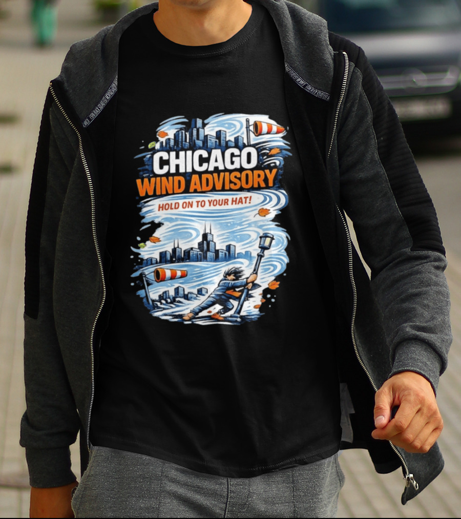 Chicago Wind Advisory Hold On To Your Hat Cityscape And Skyline Scene T-Shirt