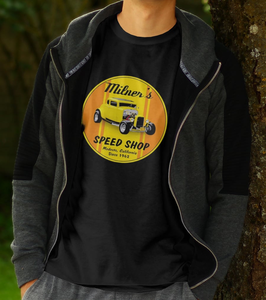 Milner's Speed Shop Modesto California Since 1962 American Graffiti Movie Classic Yellow Hot Rod T-Shirt