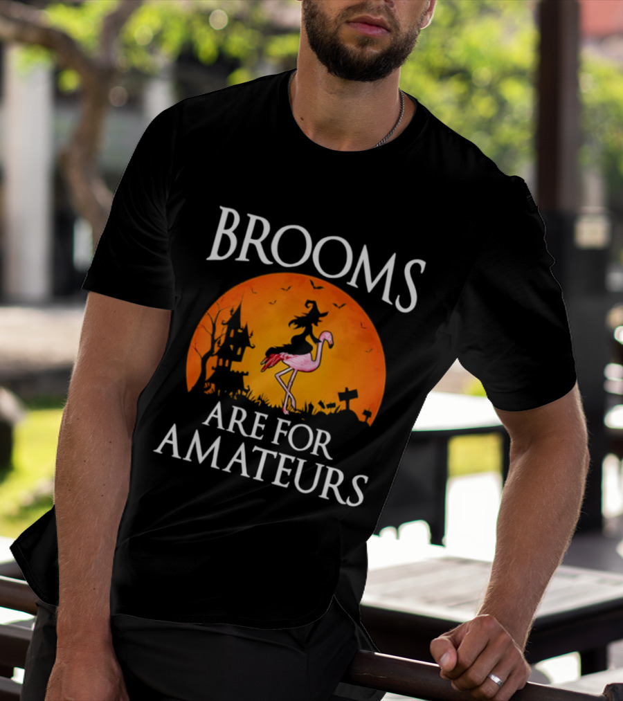 Brooms Are For Amateurs Flamingo Witch Halloween T-Shirt
