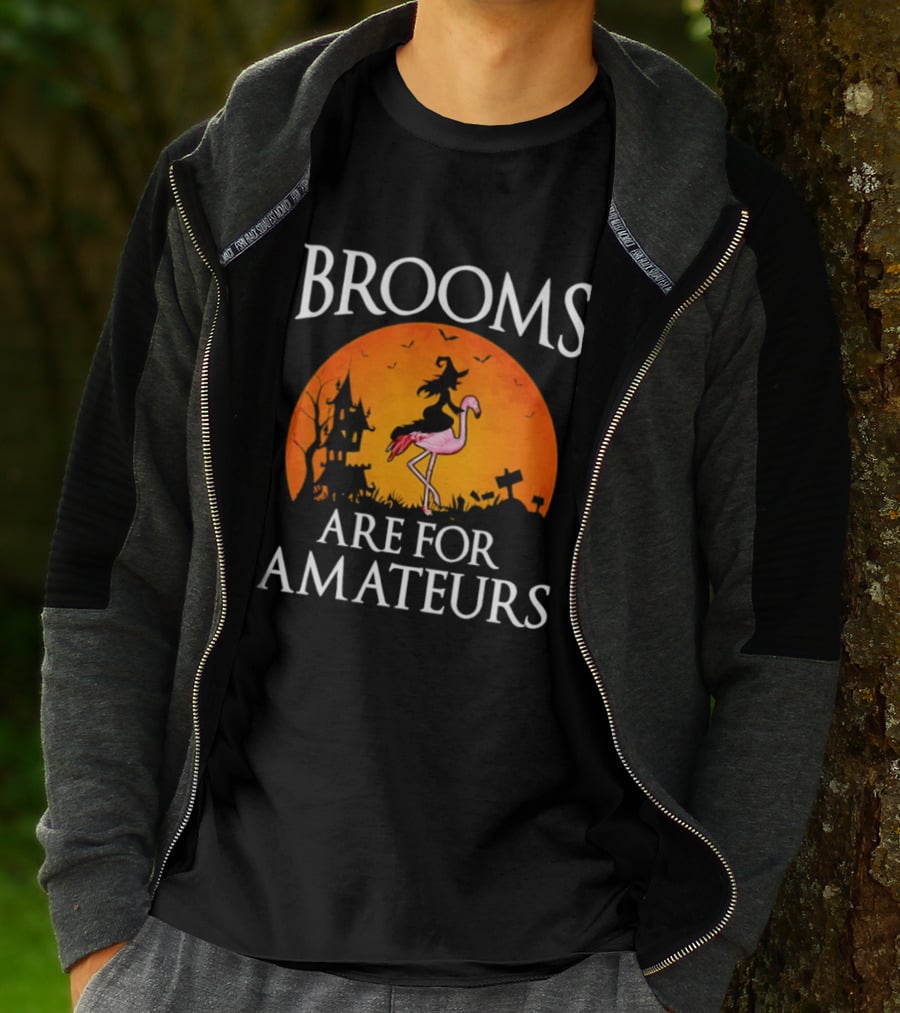 Brooms Are For Amateurs Flamingo Witch Halloween T-Shirt