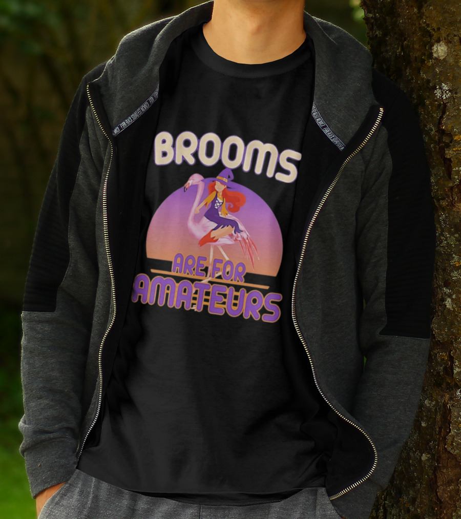 Brooms Are For Amateurs Witch Riding Flamingo T-Shirt
