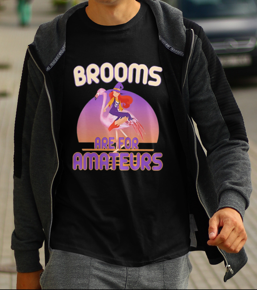Brooms Are For Amateurs Witch Riding Flamingo T-Shirt
