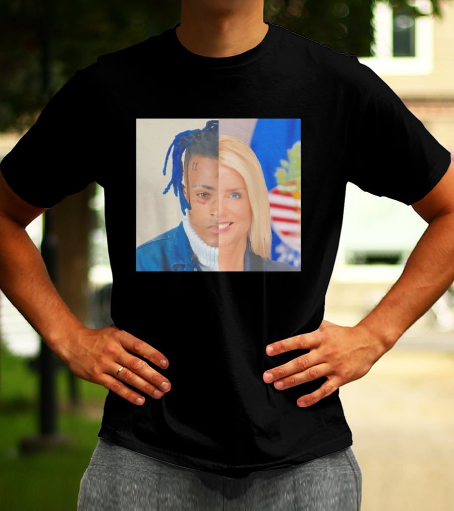 XXXTentacion Pam Bondi Split Image Face Half Blue Dreads Tattoos American Flag T-Shirt