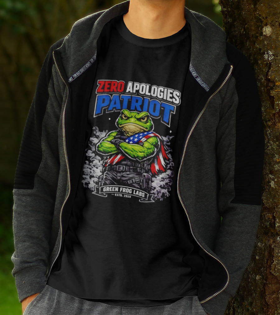 Zero Apologies Patriot Green Frog Labs Estd 2025 American Flag Frog T-Shirt