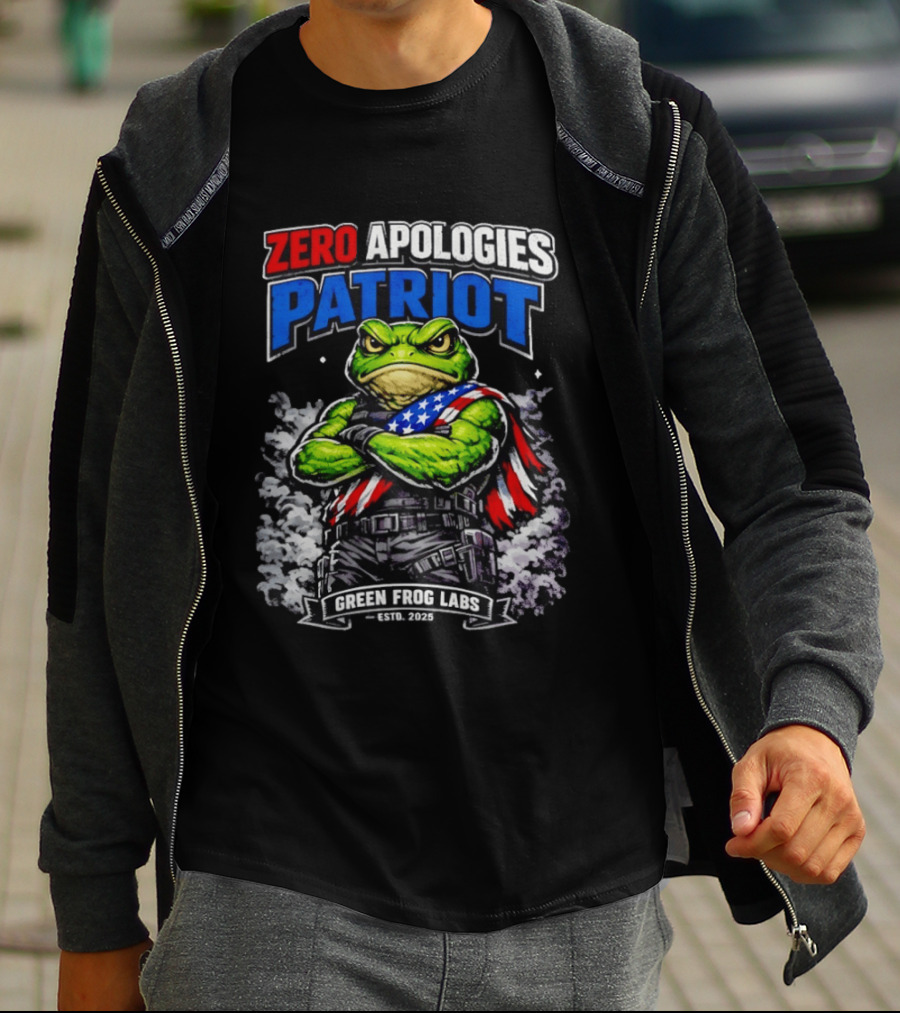 Zero Apologies Patriot Green Frog Labs Estd 2025 American Flag Frog T-Shirt