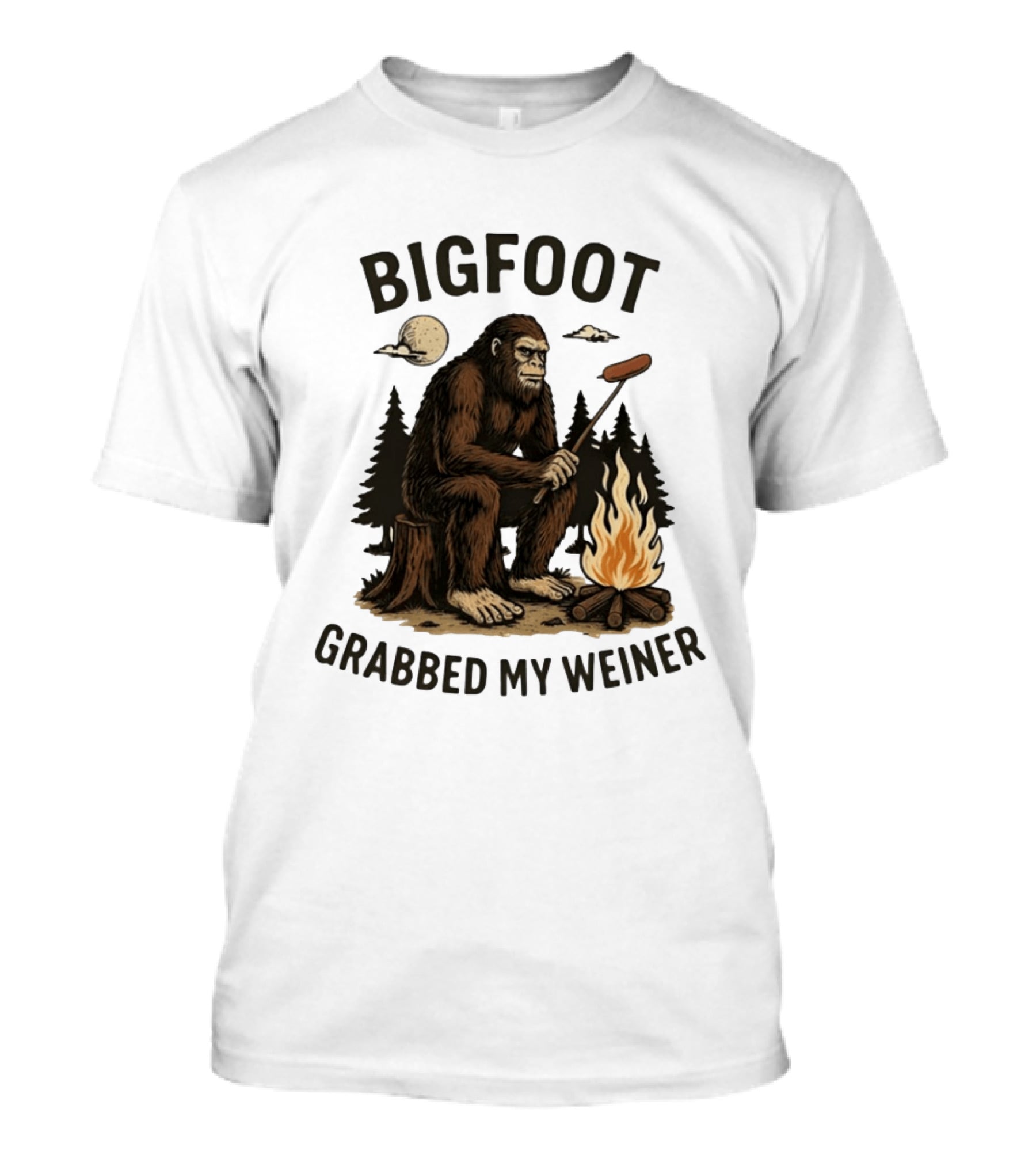 Bigfoot Grabbing My Weiner Campfire Sausage Grilling Moonlit Forest T-Shirt