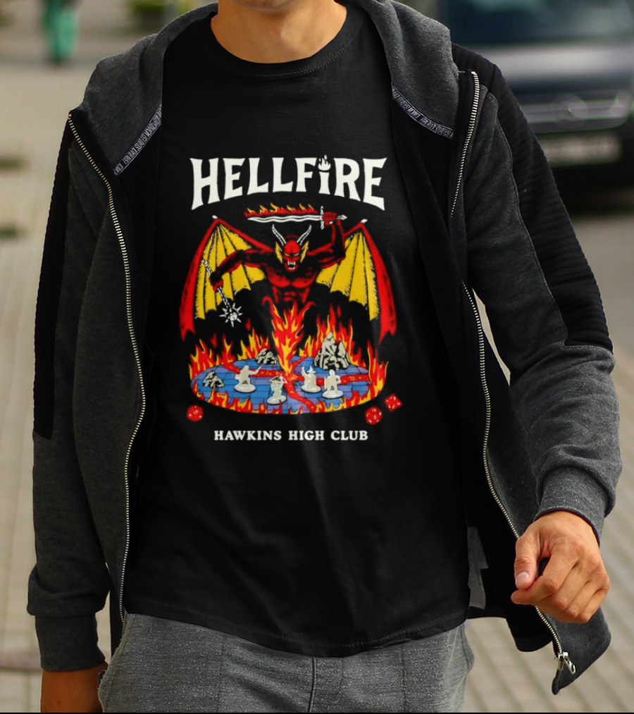 Hellfire Hawkins High Club Demon With Flames And Dice T-Shirt