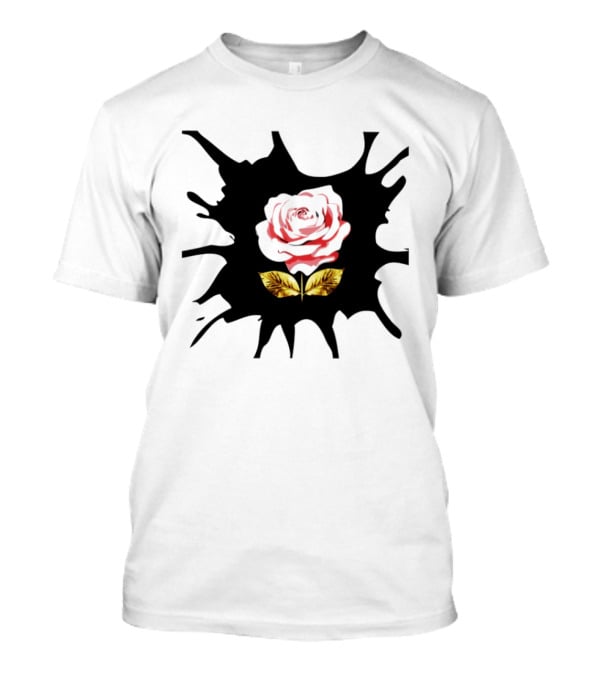 Elegant Pink Flower On Dark Splatter With Golden Leaves T-Shirt