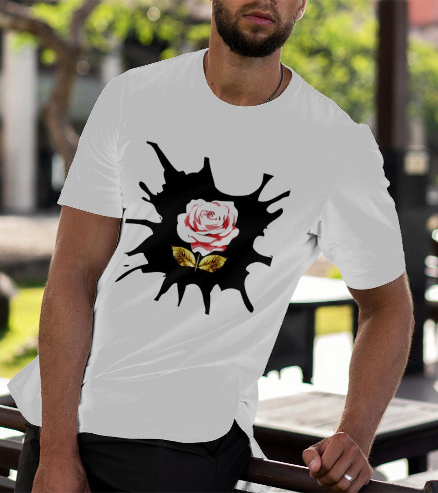Elegant Pink Flower On Dark Splatter With Golden Leaves T-Shirt