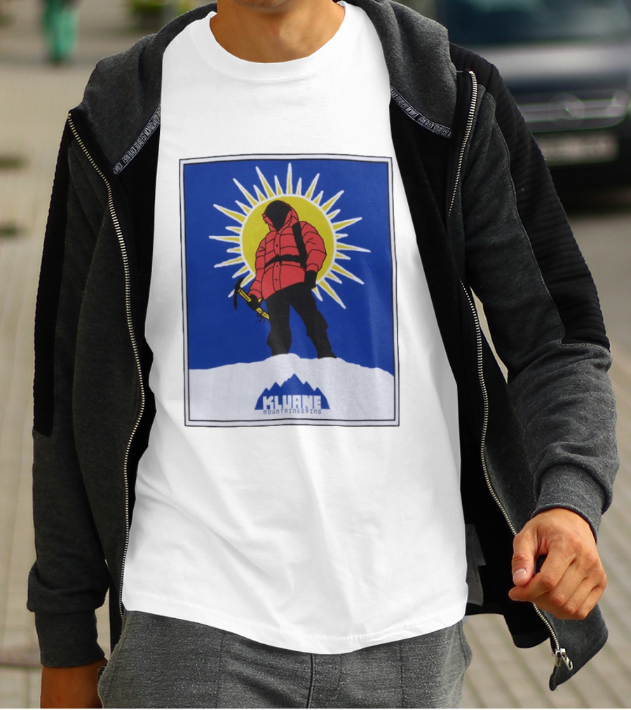 Kluane Mountaineering Hiker In Red Parka With Sunburst And Ice Axe T-Shirt