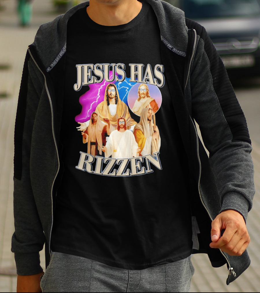 Jesus Has Rizz'en Meme Humor Lightning Vibes Sunglasses T-Shirt