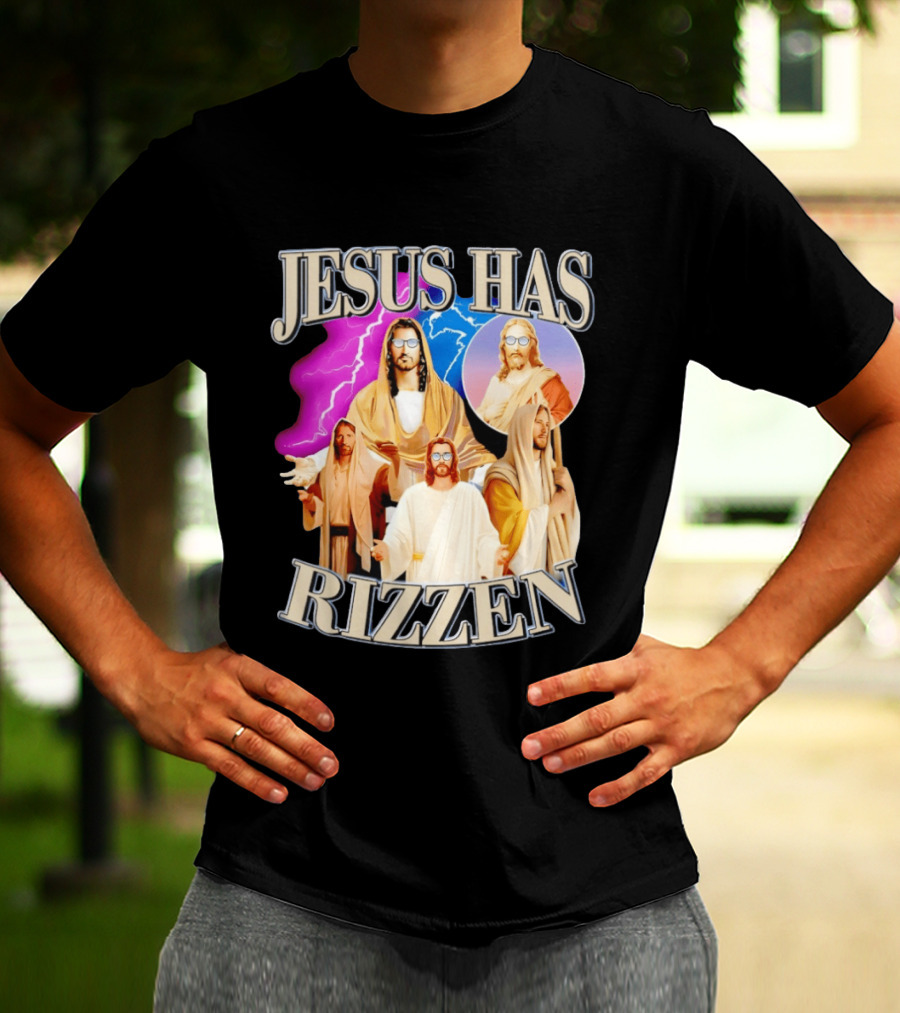 Jesus Has Rizz'en Meme Humor Lightning Vibes Sunglasses T-Shirt